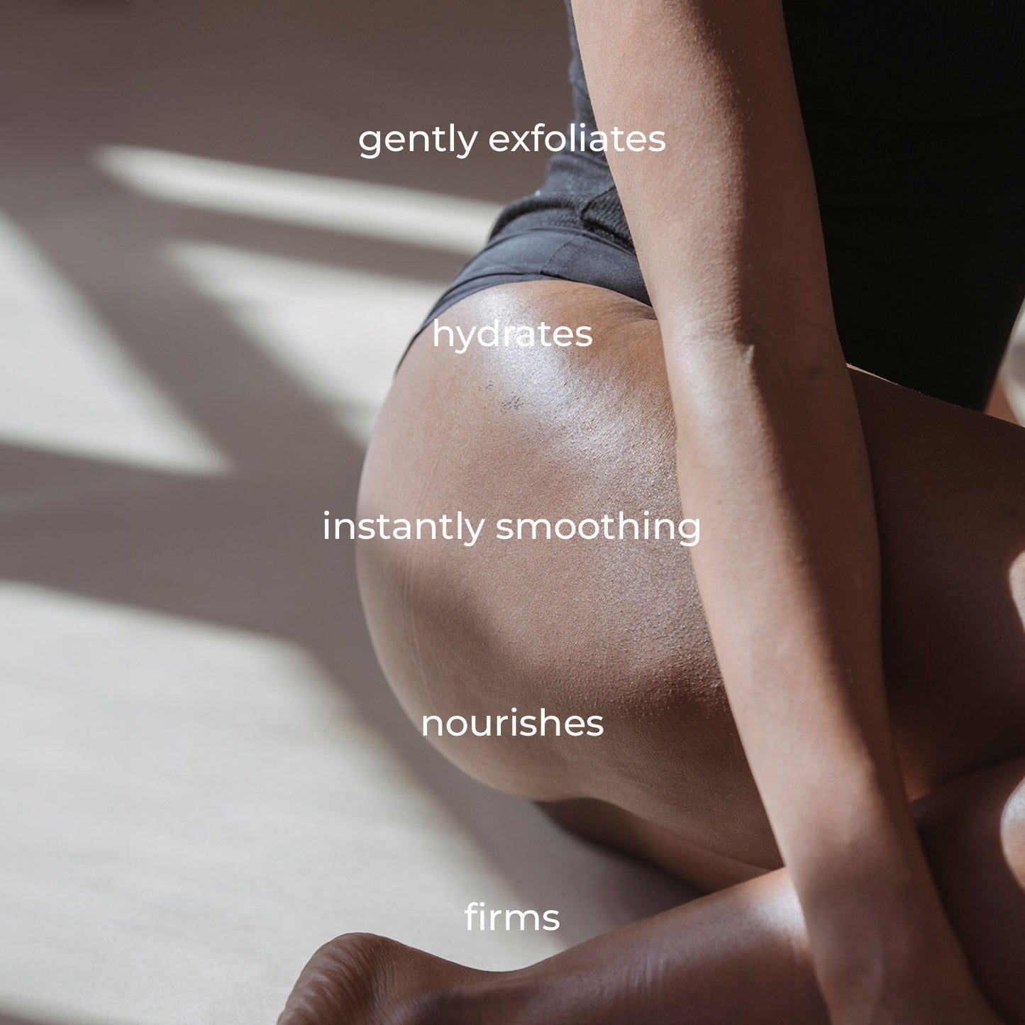 Annotated image of the benefits of Renaissance Body Treatment Milk on a model