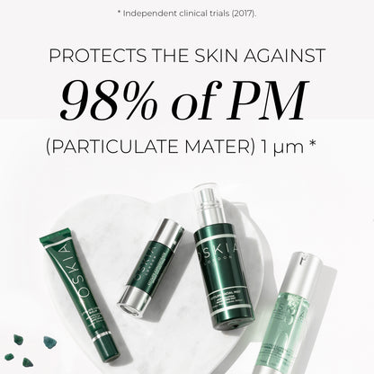 Clinical Trial result for our anti-pollution booster - Three drops added to your product protects the skin against 98% of Particulate Matter. 