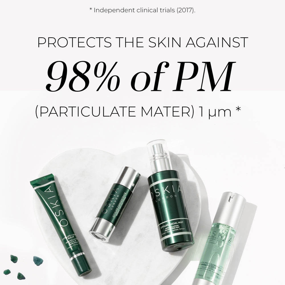 Clinical Trial result for our anti-pollution booster - Three drops added to your product protects the skin against 98% of Particulate Matter.