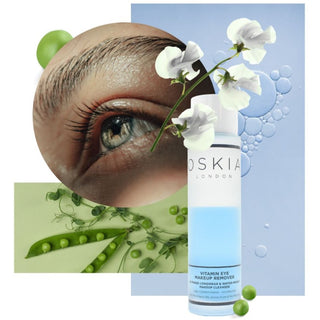 Vitamin Eye Make Up Remover with Pea Peptides to support lash growth.