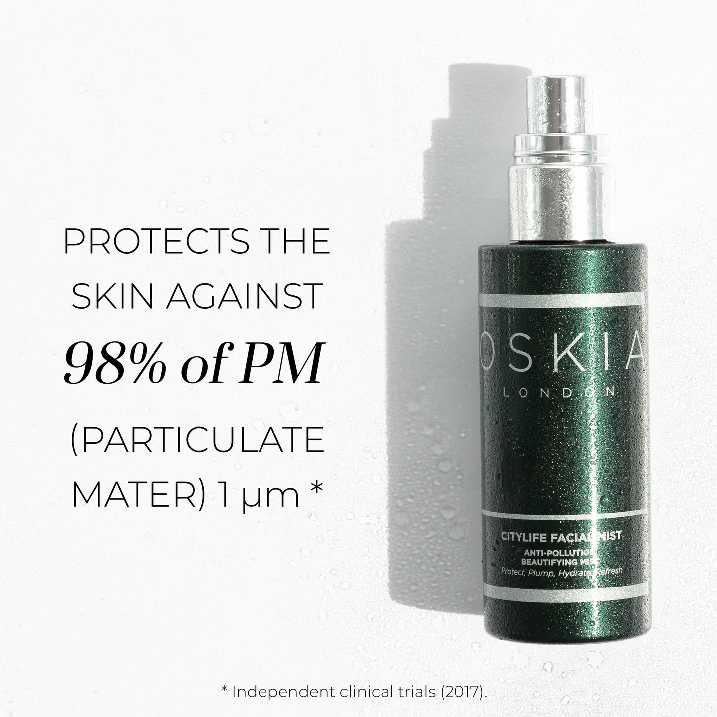CityLife Facial Mist Infographic. Protects the skin against 98% of particulate mater. Independent Clinical trials 2017