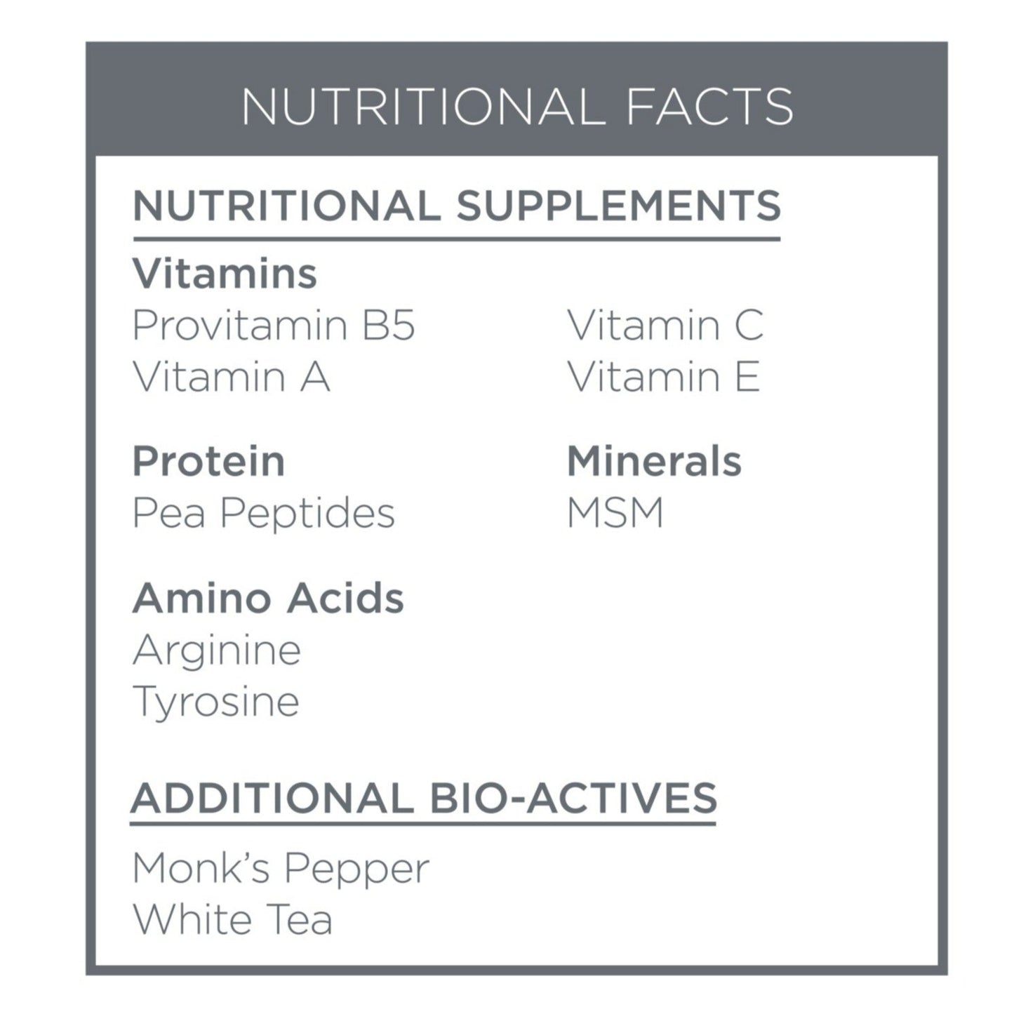 Vitamins B5, A, C & E. Protein Pea Peptides. Amino Acids Arginine & Tyrosine. Minerals MSM. Additional Bio-Actives Monk's Pepper & White Tea.