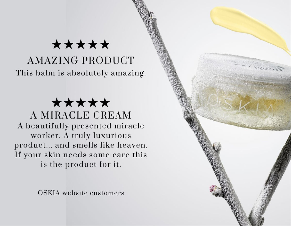 A cosmetic jar with a yellow spatula on a frosted branch, set against a light gray background with customer review text and five stars.