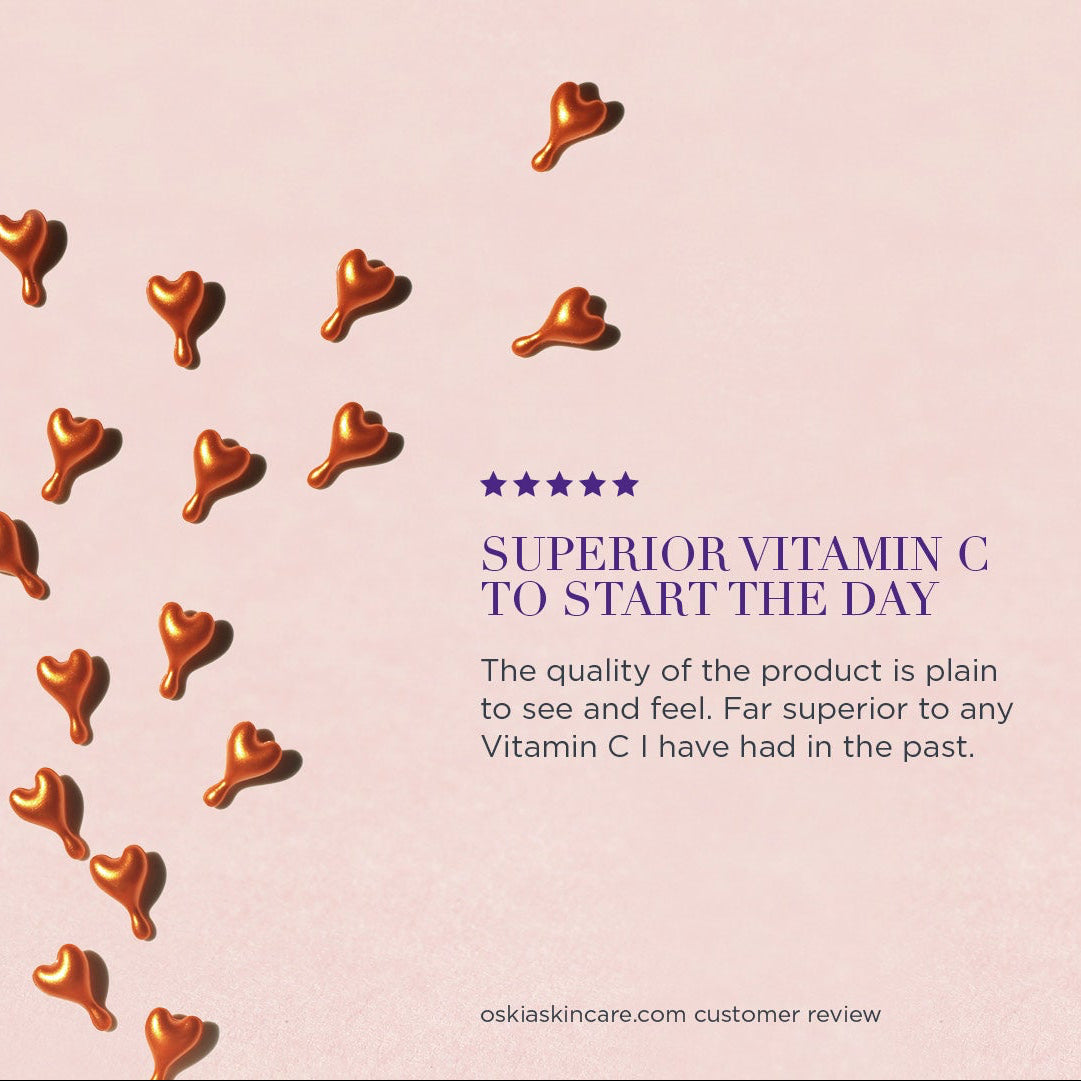 A customer review graphic on a pale pink background with scattered heart-shaped brown elements and purple text reading 'SUPERIOR VITAMIN C TO START THE DAY' and 'oskiaskincare.com customer review'.