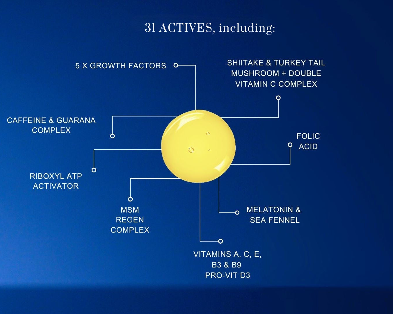 Diagram of 31 actives on a blue background with a yellow circle in the center.
