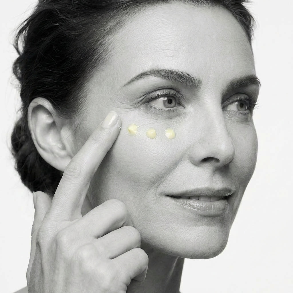 Woman applying cream to her face with a close-up of her eye area.