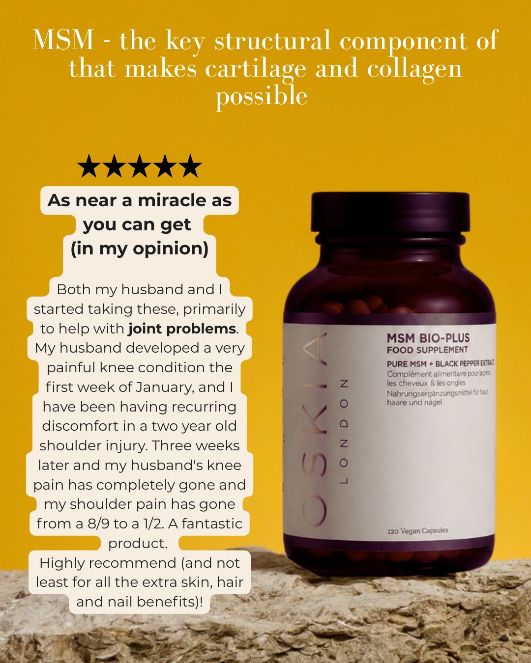 A bottle of ZONDA MSM Bio-Plus food supplement placed on a sandy surface against a bright yellow background, with large promotional text and customer review callouts overlaid on the image.