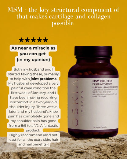 A bottle of ZONDA MSM Bio-Plus food supplement placed on a sandy surface against a bright yellow background, with large promotional text and customer review callouts overlaid on the image.