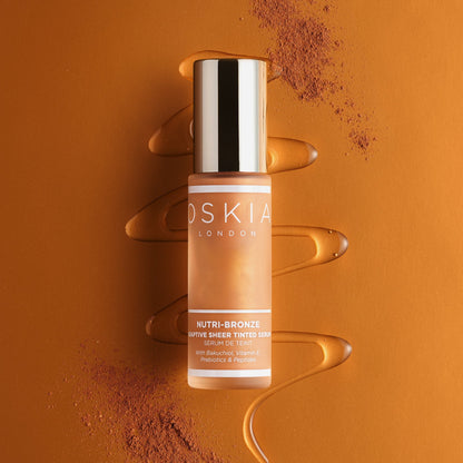 Nutri Bronze Tinted Serum with anti-ageing and glow-boosting properties. Image of bottle surrounded by ingredients. 