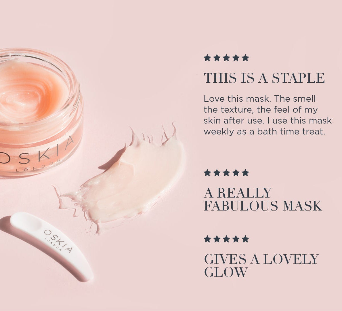 A cosmetic jar labeled OSKIA with peach-colored cream beside a white spatula and a smear of cream on a soft pink background and customer quotes. "This is a staple. Love this mask. The smell, the texture, the feel of my skin after use. I use this mask weekly as a bath time treat". 5 Stars. "A really fabulous mask".