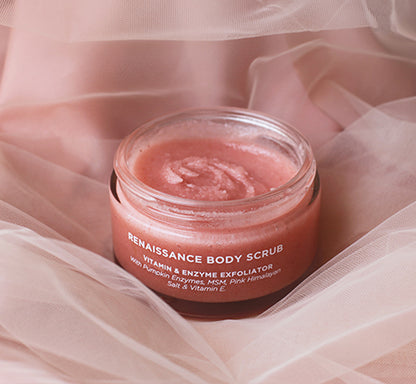 Renaissance Body Scrub on Pink fabric