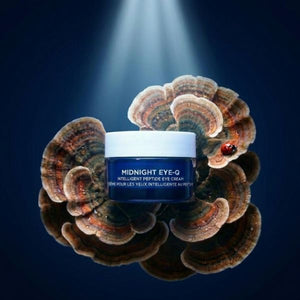 Cosmetic jar labeled 'Midnight Eye-Q' surrounded by large mushrooms on a dark background