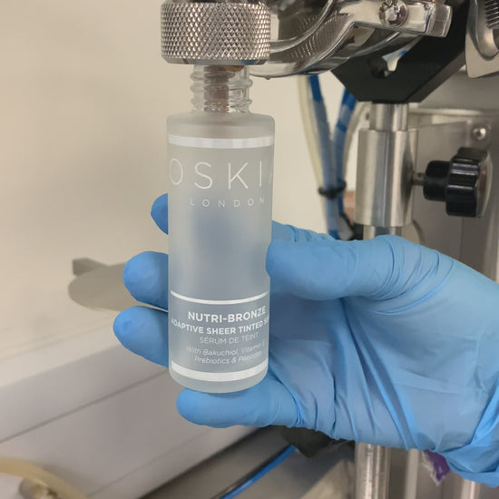Video of a bottle of our award winning Nutri Bronze Sheer Tinted Serum being filled in our own factory in Wales. 