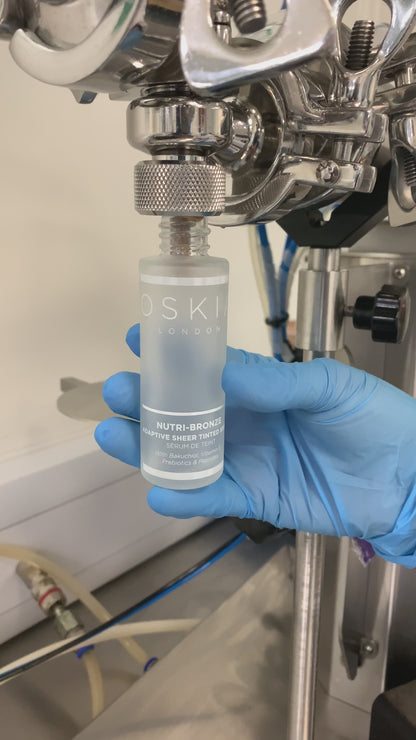 Video of a bottle of our award winning Nutri Bronze Sheer Tinted Serum being filled in our own factory in Wales. 