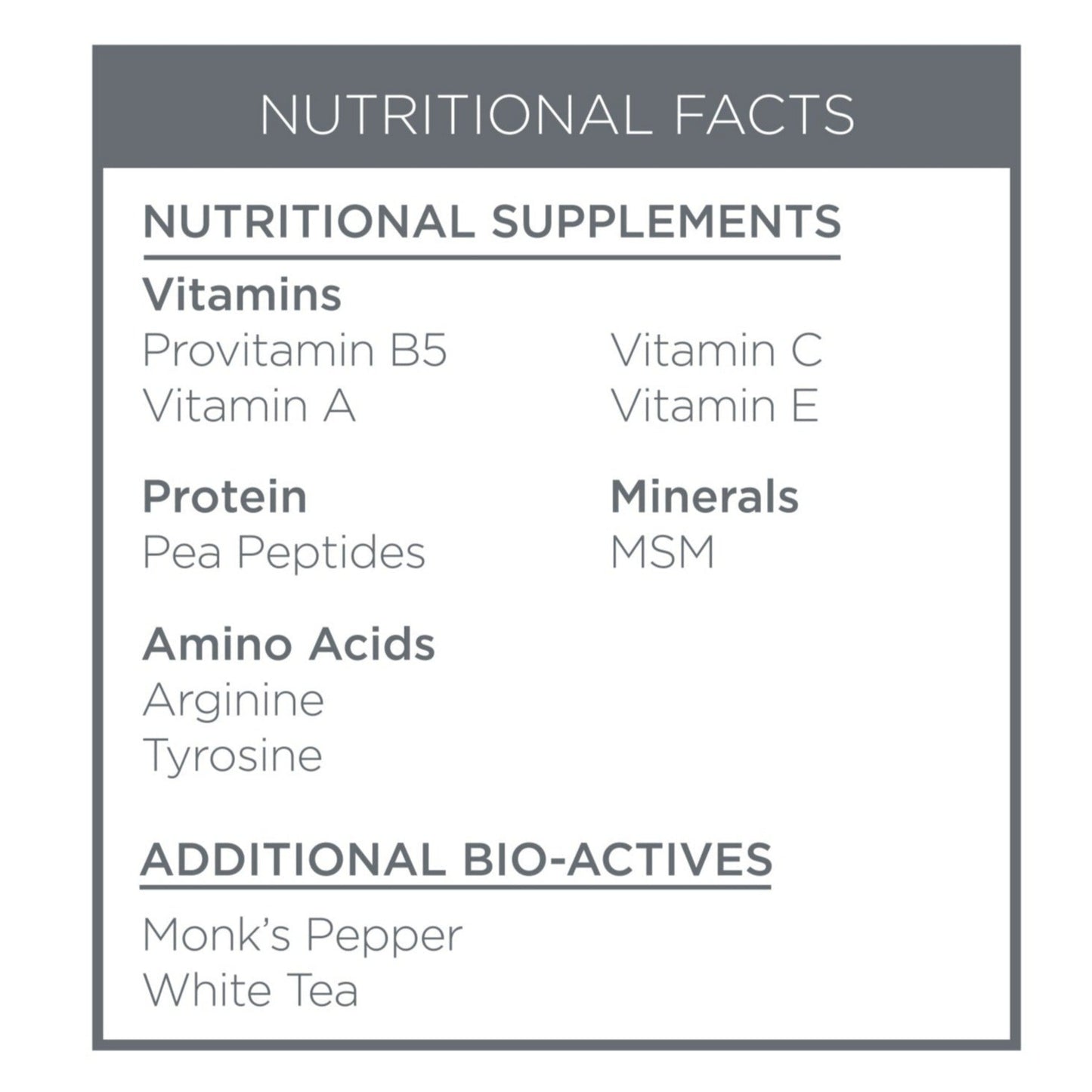 Vitamins B5, A, C & E. Protein Pea Peptides. Amino Acids Arginine & Tyrosine. Minerals MSM. Additional Bio-Actives Monk's Pepper & White Tea. 